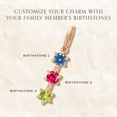 Introducing the custom birthstone family charm. This emblematic charm allows you to choose three family member's stones for a fully custom heirloom piece. Our top grade ethically sourced birthstones measure .10cts, and the charm has a total carat weight of .30cts. Charm is about 16mm long without the bail. The price is for the gold setting only, and each stone price will vary accordingly and be added to the order. Stones pictured on the example are September Blue Sapphire, July Pink Ruby, and August Peridot. This gorgeous custom gemstone charm is set in sumptuous fairmined gold with your choice of rose, yellow or white gold. Each stone is finished with 4 rounded prongs. Slide on your favorite chain, or style with our certified fairmined 14k gold cable chain. Each one is lovingly made just Diamond Birthstone Jewelry As Gift For Mom, Diamond Birthstone Jewelry For Mom, 14k Gold Charms Necklace For May Birthstone, Yellow Gold Birthstone Charms For Gifts, 14k Gold Birthstone Necklace With Charms For May, Round Birthstone Charms For Anniversary, Yellow Gold Birthstone Gemstone Pendant, 14k Gold Birthstone Necklace With Charms For Anniversary, Anniversary Birthstone Round Pendant Charms