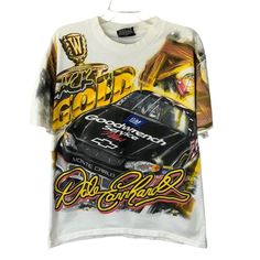 a white t - shirt with an image of a car on it