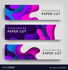 two abstract paper cut banners with purple and blue shapes on the sides, one is pink