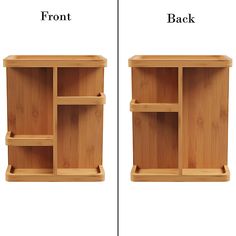 two wooden shelves side by side with the same shelf on each side and one in front