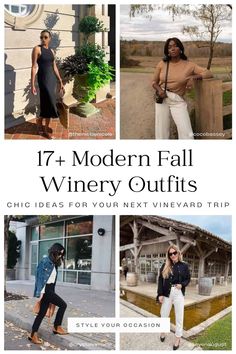 the front cover of an article about modern fall winery outfits, including white pants and black heels