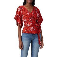 Red printed silk (100% Silk). Top. Short sleeves. V-neckline. Tie wrap closure. 23" from shoulder to hemline. Imported. Yumi Kim, Tie Wrap, Rent The Runway, Closet Designs, Printed Silk, Wrap Top, Silk Top, Flutter Sleeve, Silk Printing