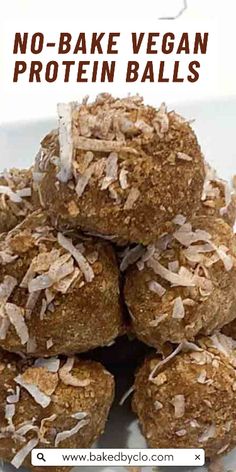 no - bake vegan protein balls stacked on top of each other with coconut flakes