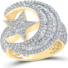 GND 14K Yellow Gold Moon and Star Motif Ring with Baguette and Round Diamonds – 2.33 Carat Total Diamond Weight Moon Star Ring, Gold Crescent Moon, Moon And Star Ring, Moon And Star, Gold Moon, Yellow Tones, Diamond Star, Star Ring, Moon Star