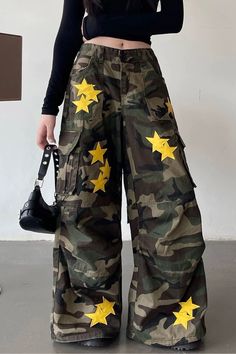 Camo Cargo Pants, star patch camouflage pants, green pants, wide leg trousers, boogzel clothing