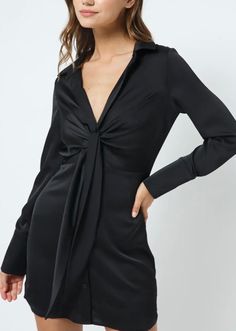 Satin button down mini dress featuring a waist tie. Fabric: Polyester 95%, Spandex 5% Color: Black Puff Sleeves Dress, Shirt Mini Dress, Patriotic Dresses, Satin Shirt Dress, Tunic Shirt Dress, Dress Shirt Sleeves, Sleeveless Pullover, Long Sleeve Blouse Pattern, Satin Shirt