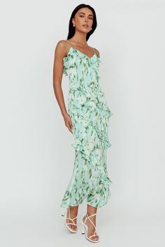 Shop the Silvana Frill Trim Midi Dress Print Green | Selfie Leslie Green Print Dress, Selfie Leslie, Yellow Bridesmaids, Red Bridesmaids, Blue Bridesmaids, Dinner Date, Iron Material, Date Night Dresses, Mini Dress Casual