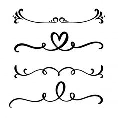 three hand drawn scrolls with hearts in the middle and two on each side, one is black