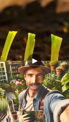 a man holding a potted plant and pointing at the camera