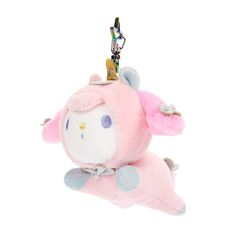 a pink stuffed animal keychain with a small unicorn on it's back