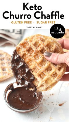 a person holding a waffle with chocolate on it and the text keto churro chaffle gluten free - sugar free