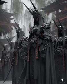 a group of people dressed in black with swords and masks on their heads, standing next to each other