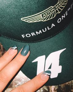 #AMR #FA14 Formula Aesthetic, Formula 1 Nails, F1 Nails, Car Nails, Geeky Nails, Racing Nails, Aston Martin F1, Gel X Nail, Lance Stroll