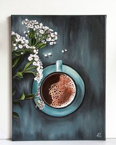 a painting of a cup of coffee and flowers on a green plate with black background