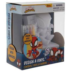 the spiderman design and vinyl set is packaged in a cardboard box with its packaging