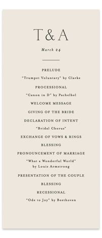 the wedding program card is shown in black and white, with an elegant monogramed design