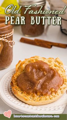 a close up of a pastry on a plate with peanut butter and cinnamon in the background