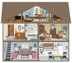 the inside of a doll house with furniture and accessories in it's floor plan