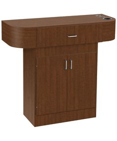 an office desk with two doors on the front and one drawer on the back side