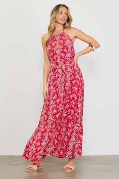 Printed halter neck maxi dress. Features: Halter neckline Criss cross back straps Self tie waist Fabric: 80% Rayon 20% Nylon 99842 Halter Neck Maxi Dress, Curvy Jeans, Capri Blue, Curvy Dress, Halter Neckline, Shoes Booties, Clothes Collection, Jeans Dress, Coat Dress