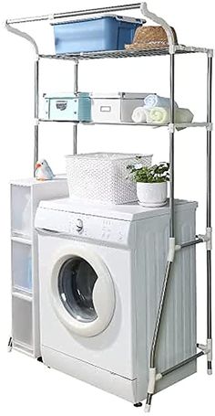 a white washer and dryer sitting next to each other on a metal shelf