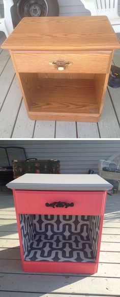 an old dresser has been painted pink and white with geometric designs on the bottom, and is