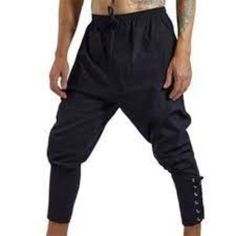 Heydhsdc. Men Medieval Trousers Pirate Pants Lace-Up Bandage Pants Halloween Vintage Loose Woven Cotton Joggers New With Tags Size 2xl Baggy Cotton Bottoms For Cosplay, Black Gothic Cotton Bottoms, Black Baggy Bottoms For Cosplay, Baggy Black Bottoms For Cosplay, Gothic Stretch Cotton Bottoms, Gothic Cotton Pants For Cosplay, Gothic Cotton Bottoms For Festival, Black Festival Trousers, Fitted Cotton Bottoms For Halloween