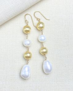 Festive Pearl and Gold Bead Drop Earrings - Marshcreekjewelry Coastal Luxe, Festive Earrings, Bead Drop Earrings, Boho Chic Earrings, Chalcedony Earrings, Chic Earrings, Artisan Earrings, Handmade Fashion Jewelry, Druzy Quartz