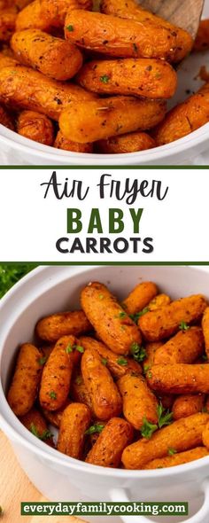 baby carrots in a white bowl with parsley on top and the words, au fryen baby carrots