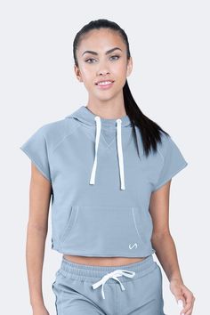 TLF Collegiate Crop Hoodie - WOMEN HOODIES-SWEATSHIRTS & JACKETS - TLF Apparel | Take Life Further Half Sleeve Hoodie, Tlf Apparel, Sporty Crop Top, Comfortable Hoodies, Powder Blue Color, Star Shorts, Sporty Shorts, Gym Hoodie, Half Shirts