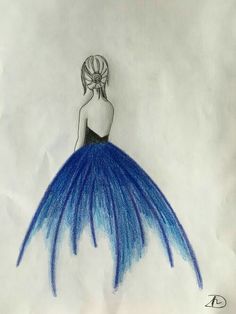 a drawing of a woman in a dress with blue feathers on her head and back