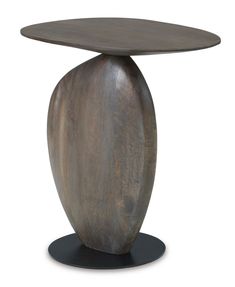 a wooden table with an oval shaped top and black metal base, on a white background