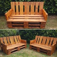 two pictures of wooden benches made out of pallets