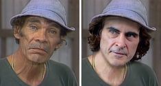 two pictures of a man wearing a hat