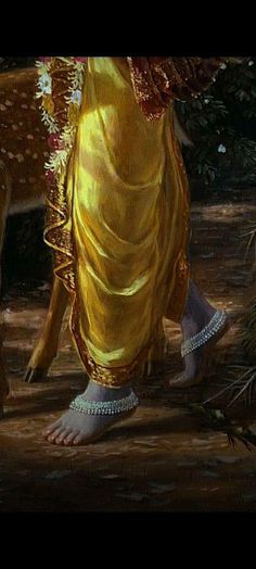 a painting of a woman in a yellow dress walking with a deer on the other side