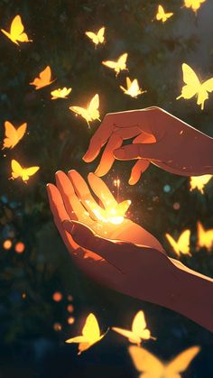 two hands reaching for a glowing light surrounded by yellow butterflies in the air, with sunlight shining through their fingers