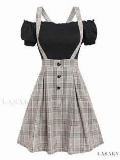 Lasaky - Waist Grid Overalls Dress with Solid Color Cotton Shirt Spliced Dress Casual Short Sleeve Fake Two-piece Dress, Casual Workwear Dress With Fake Two-piece Design, Casual Mini Length Fake Two-piece Dress, Casual Mini Dress With Fake Two-piece Detail, Casual Black Mini Dress With Splicing, Casual Fitted Fake Two-piece Dress, Casual A-line Patchwork Mini Dress, Casual Knee-length Spliced Mini Dress, Casual Knee-length Mini Dress With Splicing