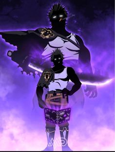 two men standing next to each other in front of a purple and black background with clouds