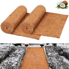 two pictures of the same carpet and one with coconuts on it in front of snow covered ground