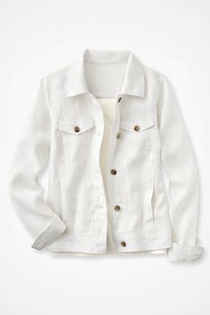 Classic jean jacket styling, updated in lightweight, washable linen. Faux-horn buttons at the front placket, chest pockets and cuffs. Big Shirt, Knit Denim, Classic Denim Jacket, Linen Jackets, Linen Jacket, Summer Jacket, Classic Jeans, Coldwater Creek, Striped Linen