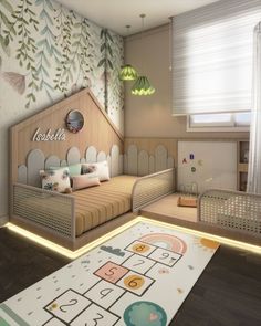 a child's room with a bed and rug on the floor in front of it