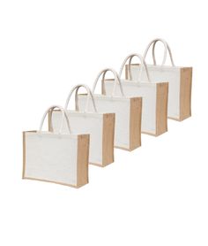 four white bags with handles are lined up against each other on a white background,