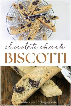 chocolate chunk biscotti cookies on a plate with the words, chocolate chunk biscotti