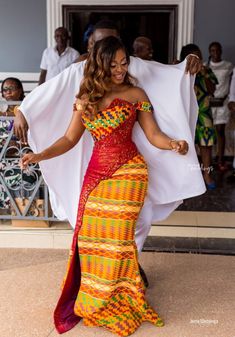 Traditional Ghanaian Engagement, Red Kente Styles For Engagement, Ghana Engagement Dresses, Kente Dress Ghana Traditional Weddings, Ghanaian Traditional Wedding Dresses, Traditional African Bridal Dresses, Ghana Dress Styles, Traditional Engagement Dress, Red African Dress