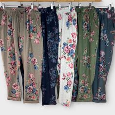 Fabulous quality, 100% linen floral pants in various colours  Slightly cropped depending on your height - measurements below Look great rolled up at the hem if too long or want a 3/4 length look Comfortable adjustable elasticated waistband that make them great for casual wear or summer holidays, cruises or vacations Two side pockets Super comfortable and stylish A fabulous addition to your wardrobe for the coming months Measurements Length:  40" Inside Length: 29" Waist up to  40" Please feel fr Cotton Floral Print Ankle-length Pants, Casual Ankle-length Harem Pants With Floral Print, Loose Fit Floral Print Harem Pants For Spring, Casual Linen Floral Print Bottoms, Spring Floral Print Ankle-length Harem Pants, Floral Print Cotton Harem Pants, Wide Legged Linen Pants, Wide Leg White Linen Pants, Red And Blue Flowers