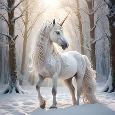 a white unicorn standing in the middle of a snow covered forest with trees and sun shining behind it