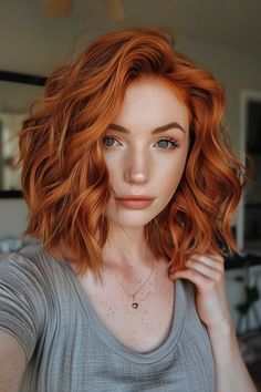 Dyed Natural Red Hair, Orange Copper Hair Color Dark Roots, Natural Orange Hair Color, Bold Copper Hair, Rich Ginger Hair, Cool Orange Hair, Different Red Hair Colors Shades, Red Hair Color Auburn, Short Hairstyle Women Red Hair