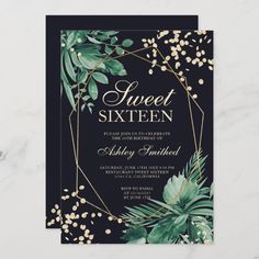 an elegant black and gold wedding suite with greenery on the front, navy blue background