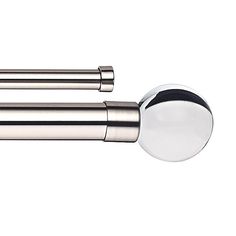 two stainless steel door handles with round knobs on each side and an oval handle at the end