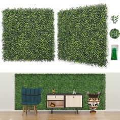 two panels of artificial grass are shown in front of a wall with plants on it